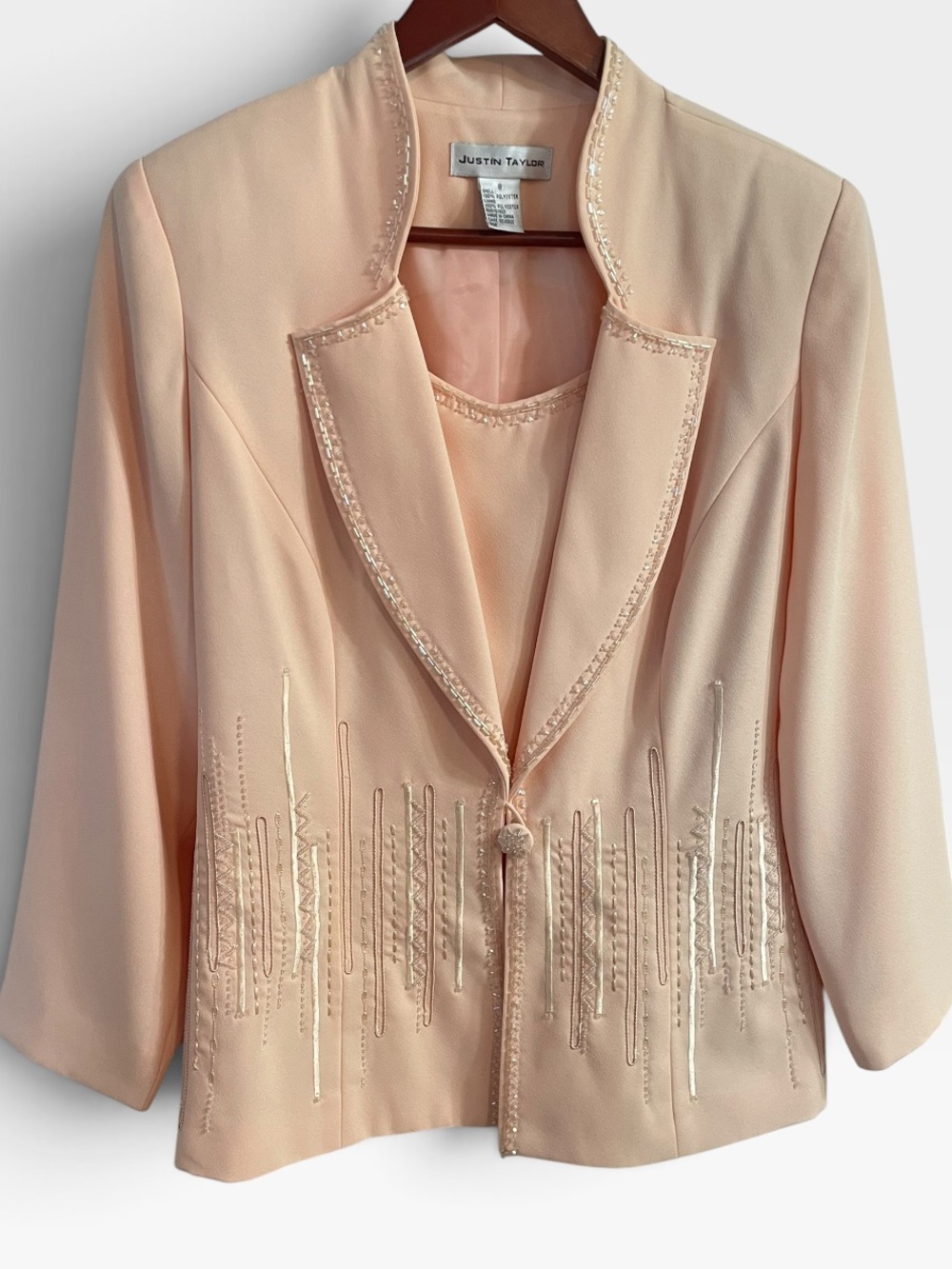 Vintage Justin Taylor Pink 3 Piece Pantsuit Beaded Blazer Tank Pants Size 8